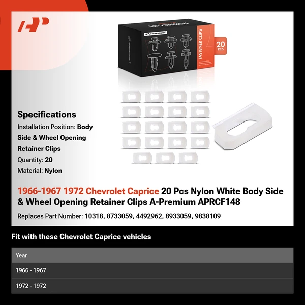 1966-1967 1972 Chevrolet Caprice 20 Pcs Nylon White Body Side & Wheel Opening Retainer Clips A-Premium APRCF148