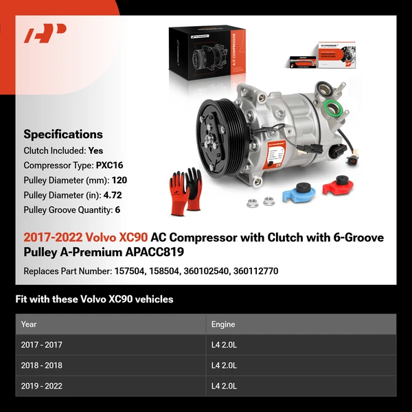 2017-2022 Volvo XC90 AC Compressor with Clutch with 6-Groove Pulley A-Premium APACC819