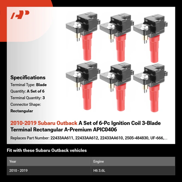 2010-2019 Subaru Outback A Set of 6-Pc Ignition Coil 3-Blade Terminal Rectangular A-Premium APIC0406