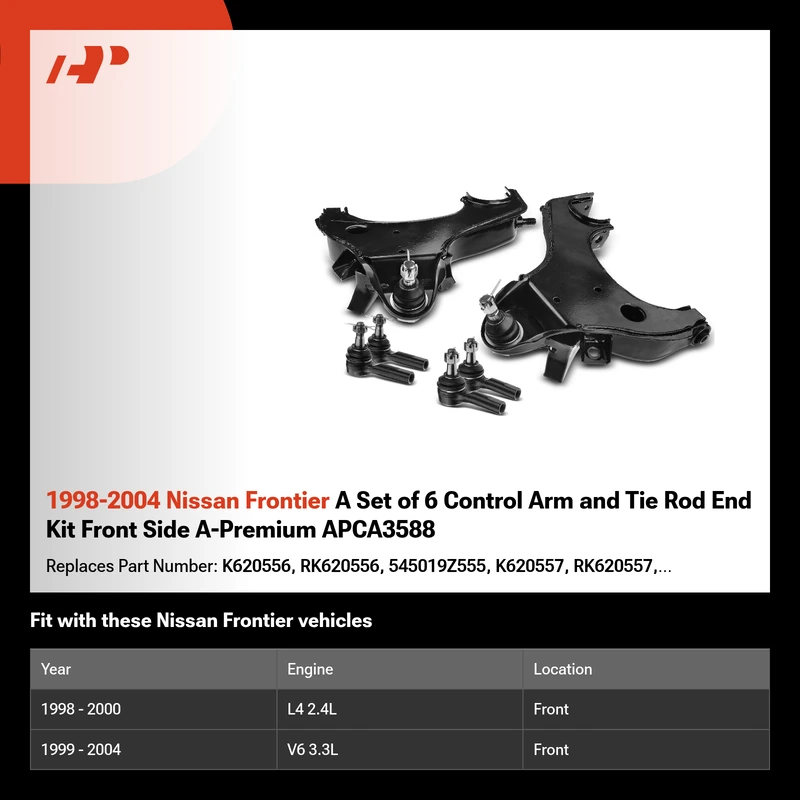 1998-2004 Nissan Frontier A Set of 6 Control Arm and Tie Rod End Kit Front Side A-Premium APCA3588