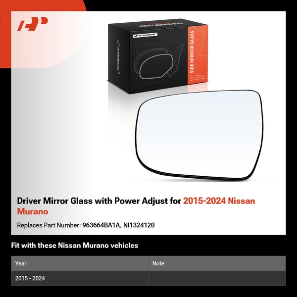 Driver Mirror Glass with Power Adjust for 2015-2024 Nissan Murano