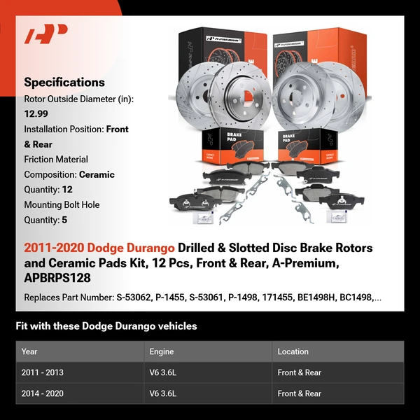 2011-2020 Dodge Durango Drilled & Slotted Disc Brake Rotors and Ceramic Pads Kit, 12 Pcs, Front & Rear, A-Premium, APBRPS128