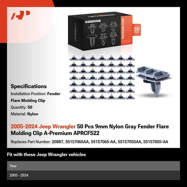 2005-2024 Jeep Wrangler 50 Pcs 9mm Nylon Gray Fender Flare Molding Clip A-Premium APRCF522