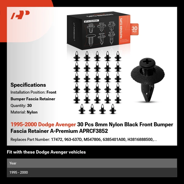 1995-2000 Dodge Avenger 30 Pcs 8mm Nylon Black Front Bumper Fascia Retainer A-Premium APRCF3852