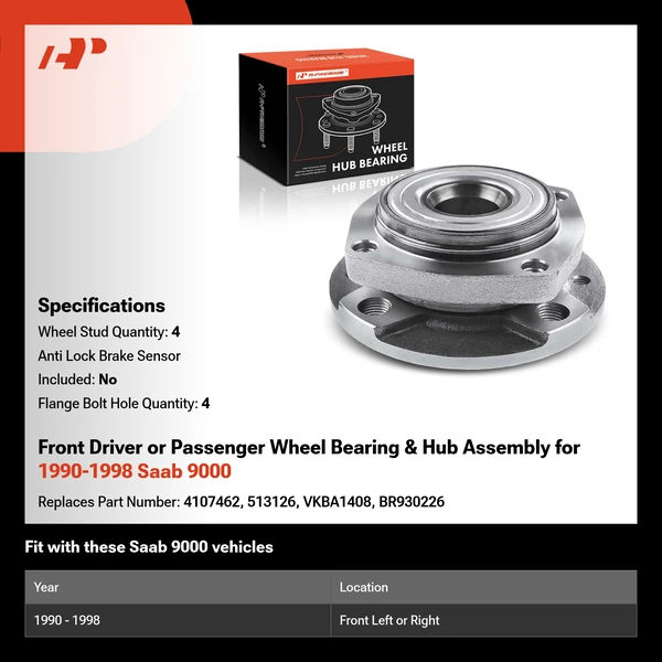 Front Driver or Passenger Wheel Bearing & Hub Assembly for 1990-1998 Saab 9000