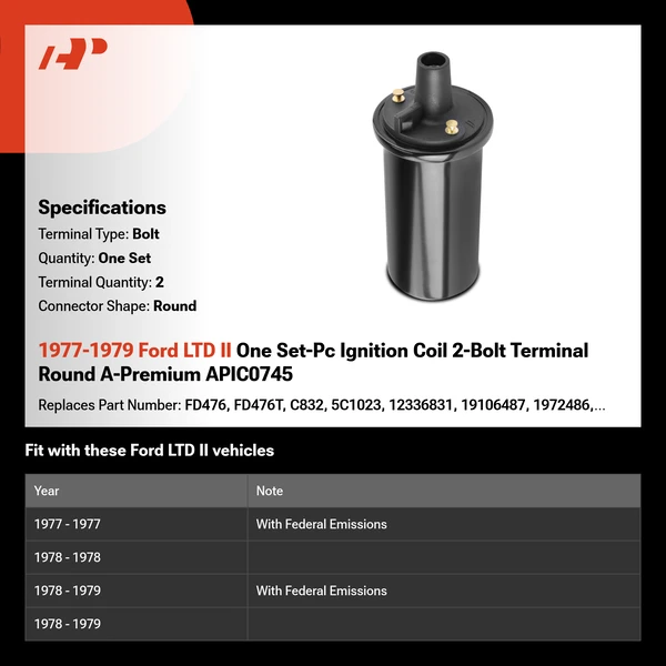 1977-1979 Ford LTD II One Set-Pc Ignition Coil 2-Bolt Terminal Round A-Premium APIC0745