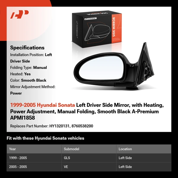 1999-2005 Hyundai Sonata Left Driver Side Mirror, with Heating, Power Adjustment, Manual Folding, Smooth Black A-Premium APMI1858