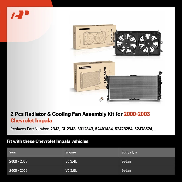 2 Pcs Radiator & Cooling Fan Assembly Kit for 2000-2003 Chevrolet Impala