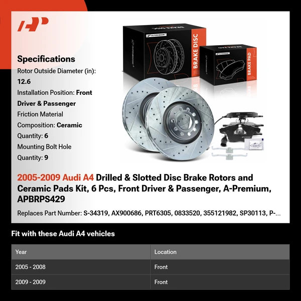 2005-2009 Audi A4 Drilled & Slotted Disc Brake Rotors and Ceramic Pads Kit, 6 Pcs, Front Driver & Passenger, A-Premium, APBRPS429