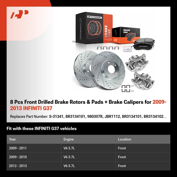 8 Pcs Front Drilled Brake Rotors & Pads + Brake Calipers for 2009-2013 INFINITI G37