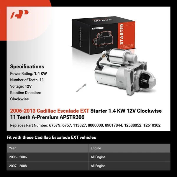 2006-2013 Cadillac Escalade EXT Starter 1.4 KW 12V Clockwise 11 Teeth A-Premium APSTR306