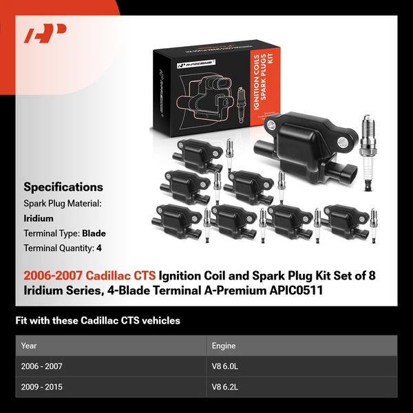 2006-2007 Cadillac CTS Ignition Coil and Spark Plug Kit Set of 8 Iridium Series, 4-Blade Terminal A-Premium APIC0511