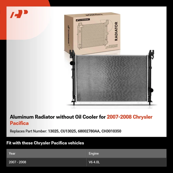Aluminum Radiator without Oil Cooler for 2007-2008 Chrysler Pacifica