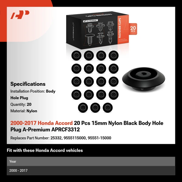 2000-2017 Honda Accord 20 Pcs 15mm Nylon Black Body Hole Plug A-Premium APRCF3312