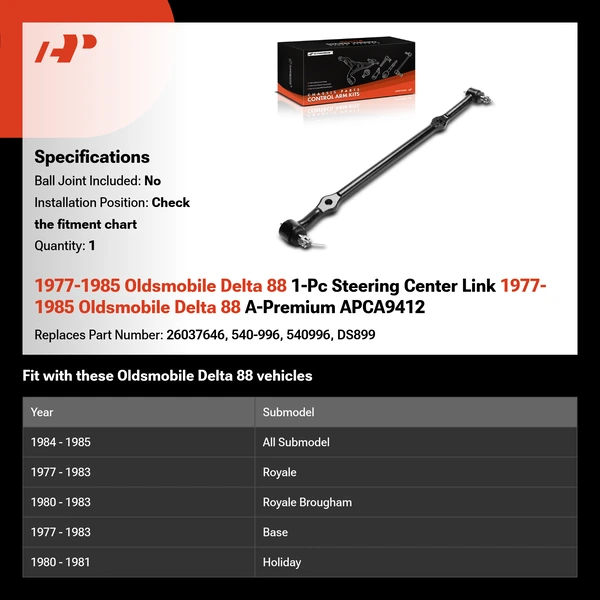 1977-1985 Oldsmobile Delta 88 1-Pc Steering Center Link 1977-1985 Oldsmobile Delta 88 A-Premium APCA9412