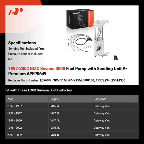 1997-2002 GMC Savana 3500 Fuel Pump with Sending Unit A-Premium APFP0649