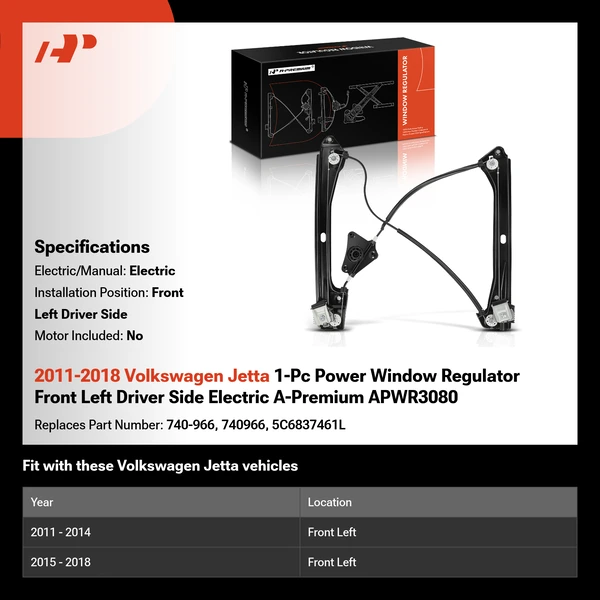 2011-2018 Volkswagen Jetta 1-Pc Power Window Regulator Front Left Driver Side Electric A-Premium APWR3080