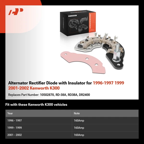 Alternator Rectifier Diode with Insulator for 1996-1997 1999 2001-2002 Kenworth K300