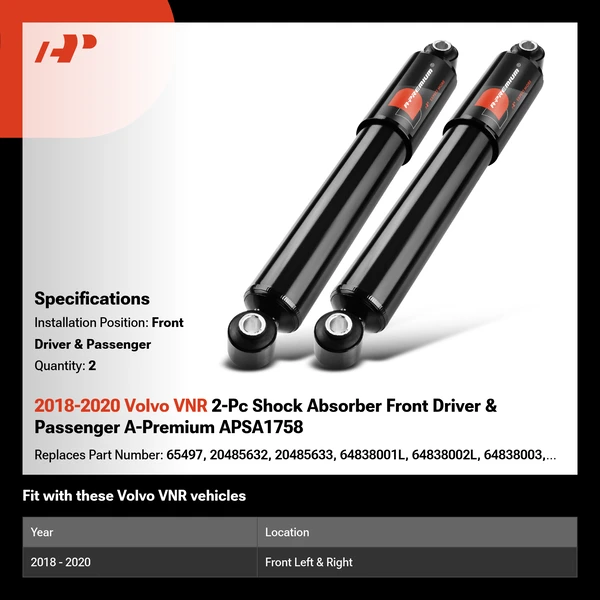 2018-2020 Volvo VNR 2-Pc Shock Absorber Front Driver & Passenger A-Premium APSA1758