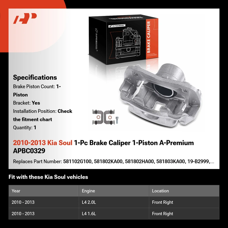 2010-2013 Kia Soul 1-Pc Brake Caliper 1-Piston A-Premium APBC0329