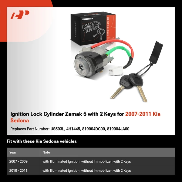 Ignition Lock Cylinder Zamak 5 with 2 Keys for 2007-2011 Kia Sedona