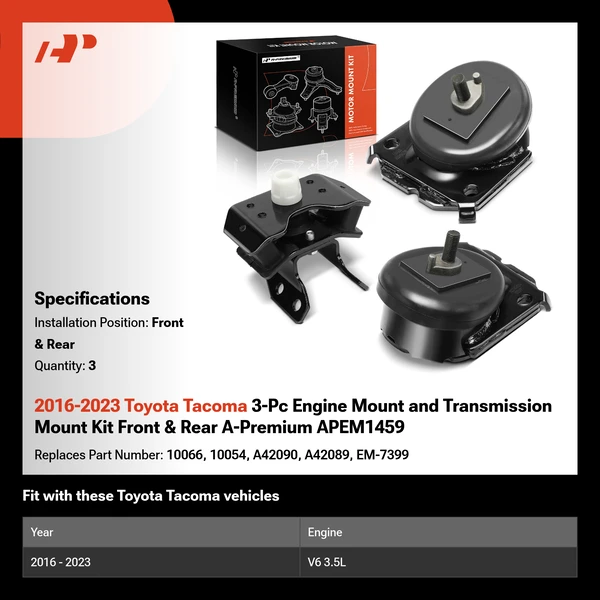 2016-2023 Toyota Tacoma 3-Pc Engine Mount and Transmission Mount Kit Front & Rear A-Premium APEM1459