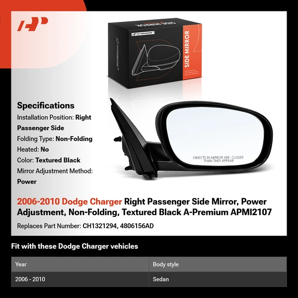 2006-2010 Dodge Charger Right Passenger Side Mirror, Power Adjustment, Non-Folding, Textured Black A-Premium APMI2107
