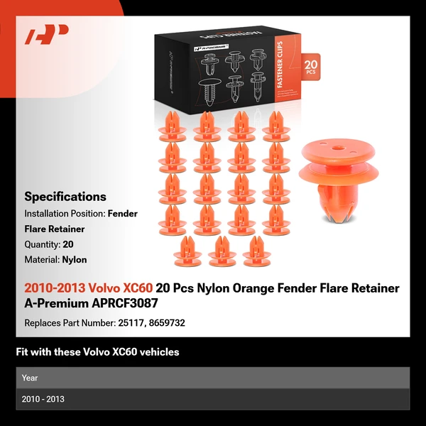 2010-2013 Volvo XC60 20 Pcs Nylon Orange Fender Flare Retainer A-Premium APRCF3087