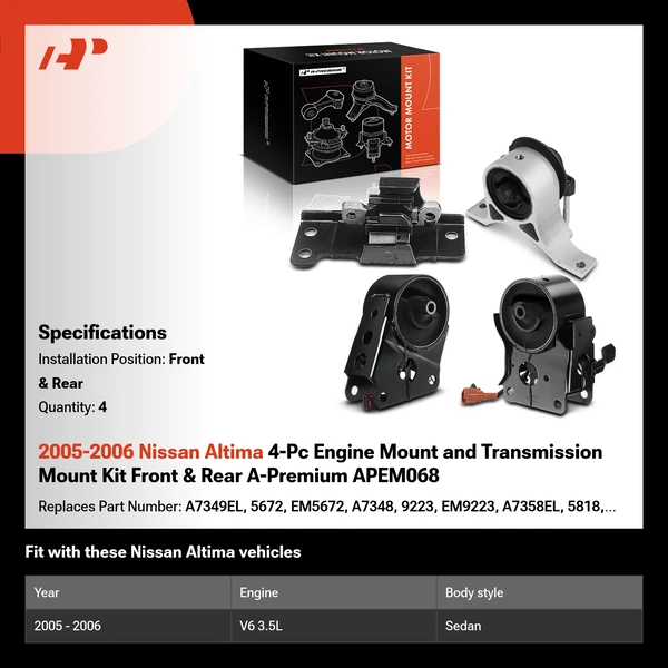 2005-2006 Nissan Altima 4-Pc Engine Mount and Transmission Mount Kit Front & Rear A-Premium APEM068