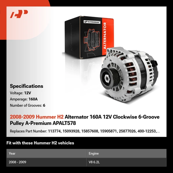 2008-2009 Hummer H2 Alternator 160A 12V Clockwise 6-Groove Pulley A-Premium APALT578