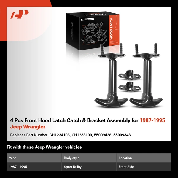 4 Pcs Front Hood Latch Catch & Bracket Assembly for 1987-1995 Jeep Wrangler