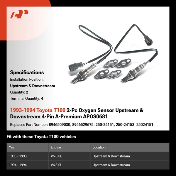 1993-1994 Toyota T100 2-Pc Oxygen Sensor Upstream & Downstream 4-Pin A-Premium APOS0681