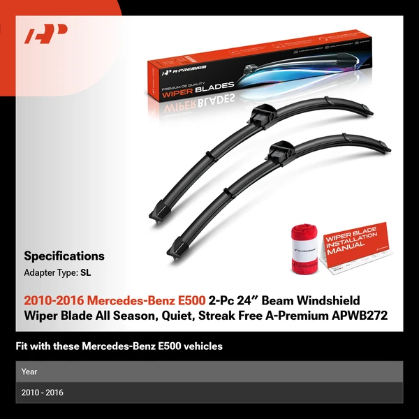 2010-2016 Mercedes-Benz E500 2-Pc 24″ Beam Windshield Wiper Blade All Season, Quiet, Streak Free A-Premium APWB272