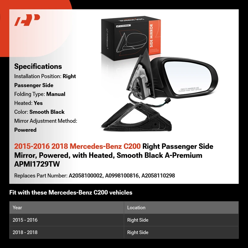 2015-2016 2018 Mercedes-Benz C200 Right Passenger Side Mirror, Powered, with Heated, Smooth Black A-Premium APMI1729TW