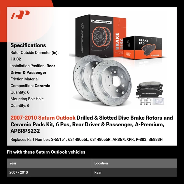 2007-2010 Saturn Outlook Drilled & Slotted Disc Brake Rotors and Ceramic Pads Kit, 6 Pcs, Rear Driver & Passenger, A-Premium, APBRPS232