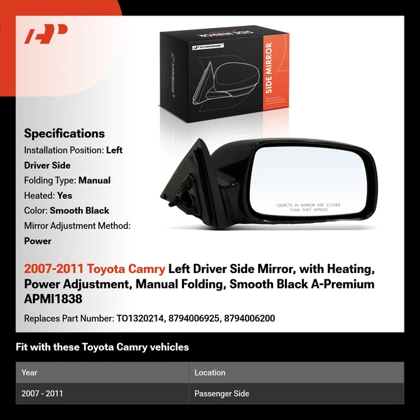 2007-2011 Toyota Camry Left Driver Side Mirror, with Heating, Power Adjustment, Manual Folding, Smooth Black A-Premium APMI1838
