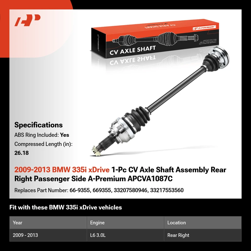 2009-2013 BMW 335i xDrive 1-Pc CV Axle Shaft Assembly Rear Right Passenger Side A-Premium APCVA1087C