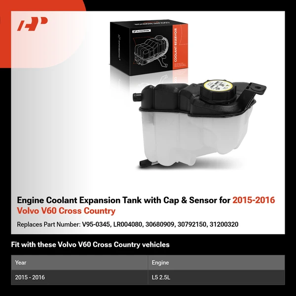 Engine Coolant Expansion Tank with Cap & Sensor for 2015-2016 Volvo V60 Cross Country