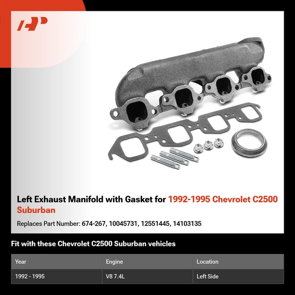 Left Exhaust Manifold with Gasket for 1992-1995 Chevrolet C2500 Suburban