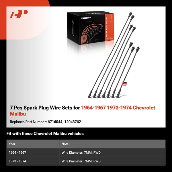 7 Pcs Spark Plug Wire Sets for 1964-1967 1973-1974 Chevrolet Malibu