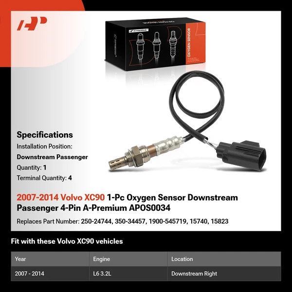 2007-2014 Volvo XC90 1-Pc Oxygen Sensor Downstream Passenger 4-Pin A-Premium APOS0034