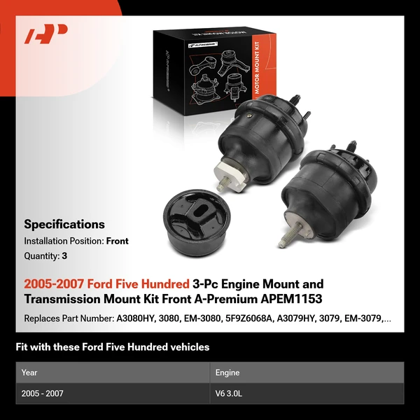 2005-2007 Ford Five Hundred 3-Pc Engine Mount and Transmission Mount Kit Front A-Premium APEM1153