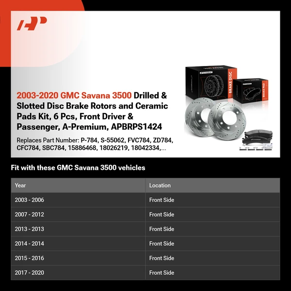 2003-2020 GMC Savana 3500 Drilled & Slotted Disc Brake Rotors and Ceramic Pads Kit, 6 Pcs, Front Driver & Passenger, A-Premium, APBRPS1424