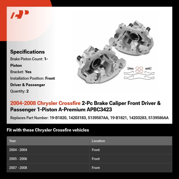 2004-2008 Chrysler Crossfire 2-Pc Brake Caliper Front Driver & Passenger 1-Piston A-Premium APBC3423