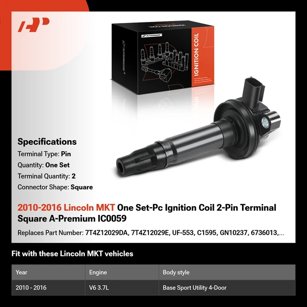 2010-2016 Lincoln MKT One Set-Pc Ignition Coil 2-Pin Terminal Square A-Premium IC0059