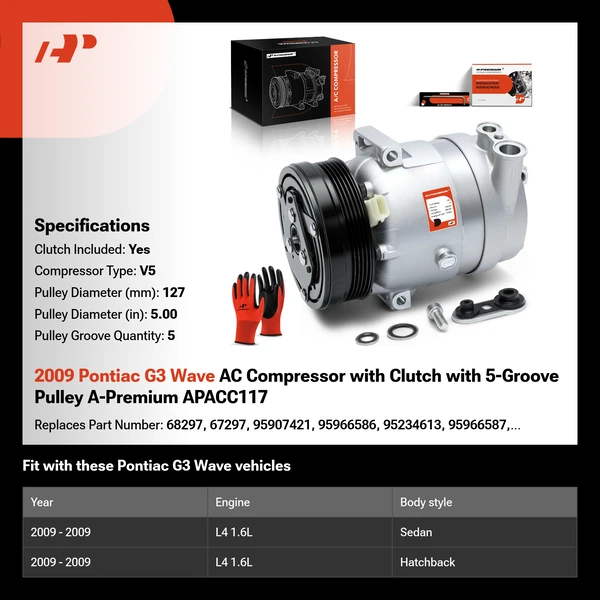 2009 Pontiac G3 Wave AC Compressor with Clutch with 5-Groove Pulley A-Premium APACC117