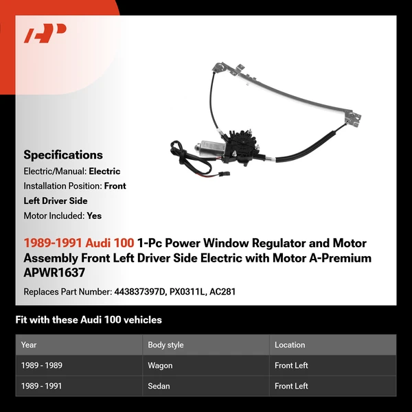 1989-1991 Audi 100 1-Pc Power Window Regulator and Motor Assembly Front Left Driver Side Electric with Motor A-Premium APWR1637