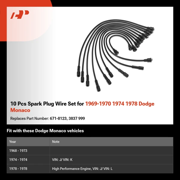 10 Pcs Spark Plug Wire Set for 1969-1970 1974 1978 Dodge Monaco