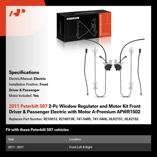 2011 Peterbilt 587 2-Pc Window Regulator and Motor Kit Front Driver & Passenger Electric with Motor A-Premium APWR1502
