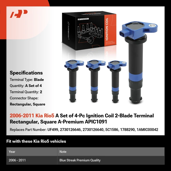 2006-2011 Kia Rio5 A Set of 4-Pc Ignition Coil 2-Blade Terminal Rectangular, Square A-Premium APIC1091